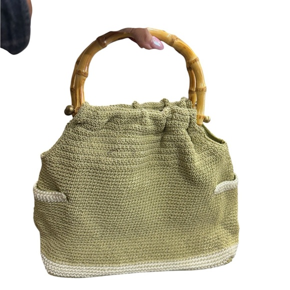 Handbags - Avocado Green Crochet Bamboo Handle Purse Boho Bag Coastal Cottagecore